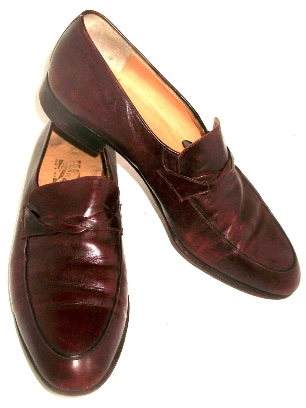 Salvatore Ferragamo Burgundy-Brown Leather Loafers w Braided Saddle Leather 9D